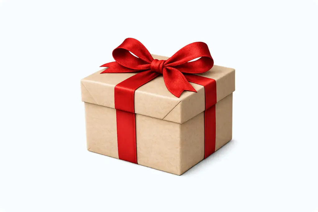 A rustic gift box with a red bow, symbolizing our gift to you of one month's free membership!