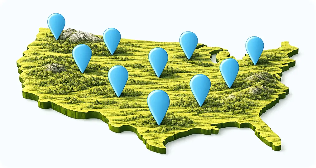 A 3D image of the United States, with some mountains in the northwest, southwest, and southeast. There are ten blue pins on the map, depicting our nationwide network of Christian businesses.