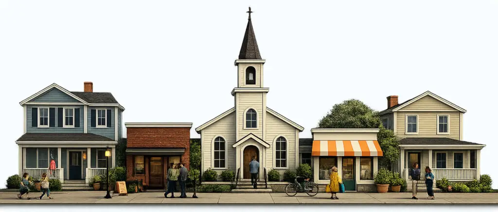 main street of a town, with two houses on either side, then two businesses, and then a church in the center. People converse in the streets, demonstrating our aim to build community.