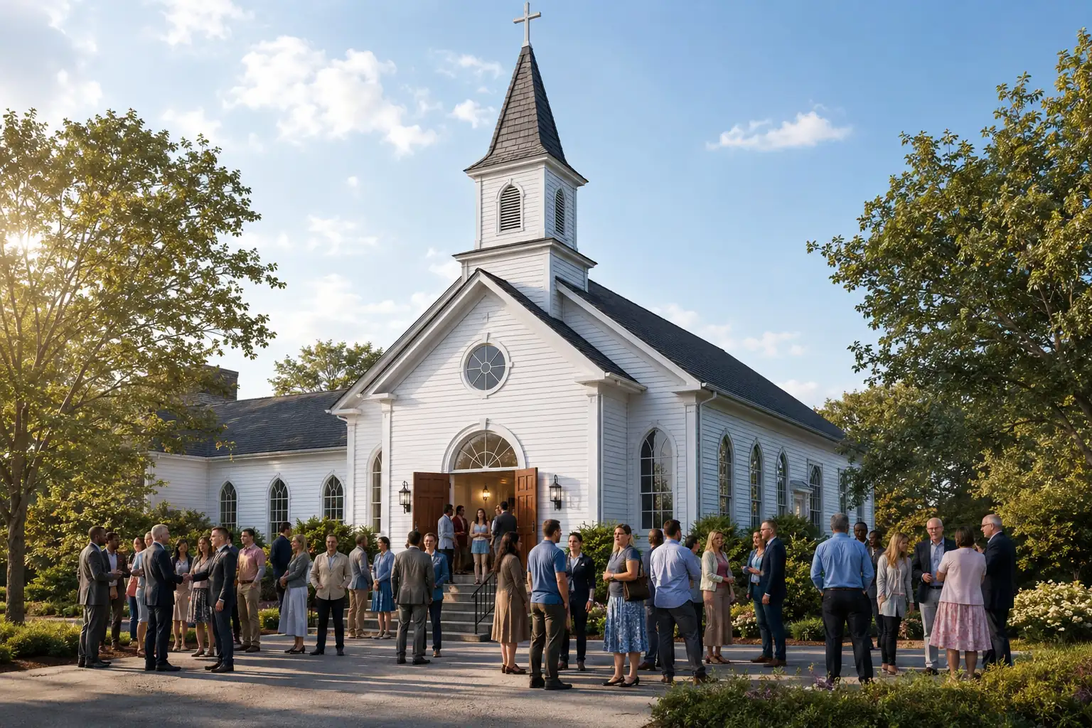 A welcoming white church with a tall steeple stands beneath a bright blue sky as members of the congregation gather outside after a service, talking and greeting one another in a peaceful, sunlit setting surrounded by trees and greenery.